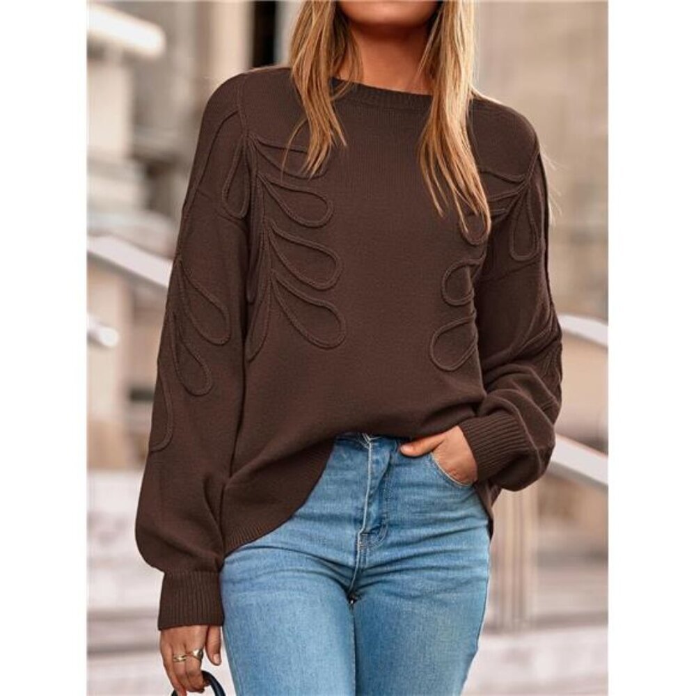 ✨ Women’s Oversized Ribbed Knit Sweater | Crewneck Leaf Stitch Pullover ✨
